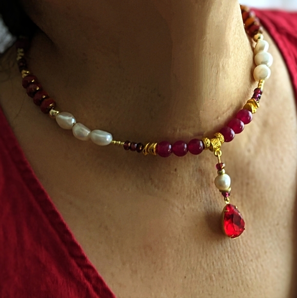 Red Rose Jade & Czech Picasso Beads And Pearl W/ Swarovski Pendant Necklace - Picture 3 of 10